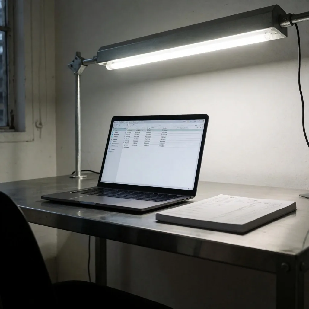 Espacio de trabajo de un freelancer con luz industrial al amanecer
