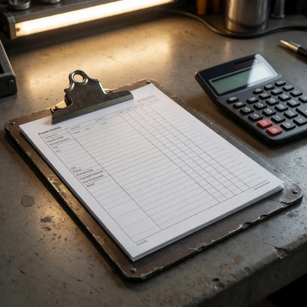 Documentación fiscal sobre superficie de trabajo industrial