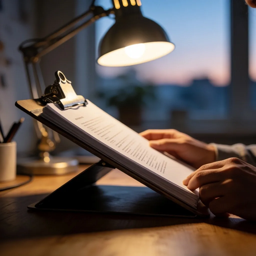 Escritorio de trabajo autónomo con documentos de planificación financiera bajo iluminación industrial