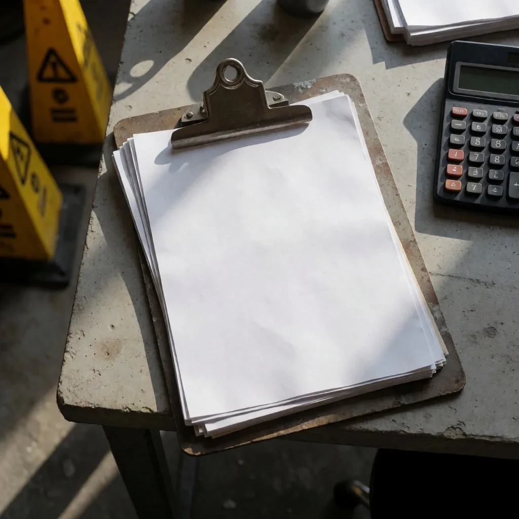 Portapapeles metálico con notas financieras en un entorno industrial