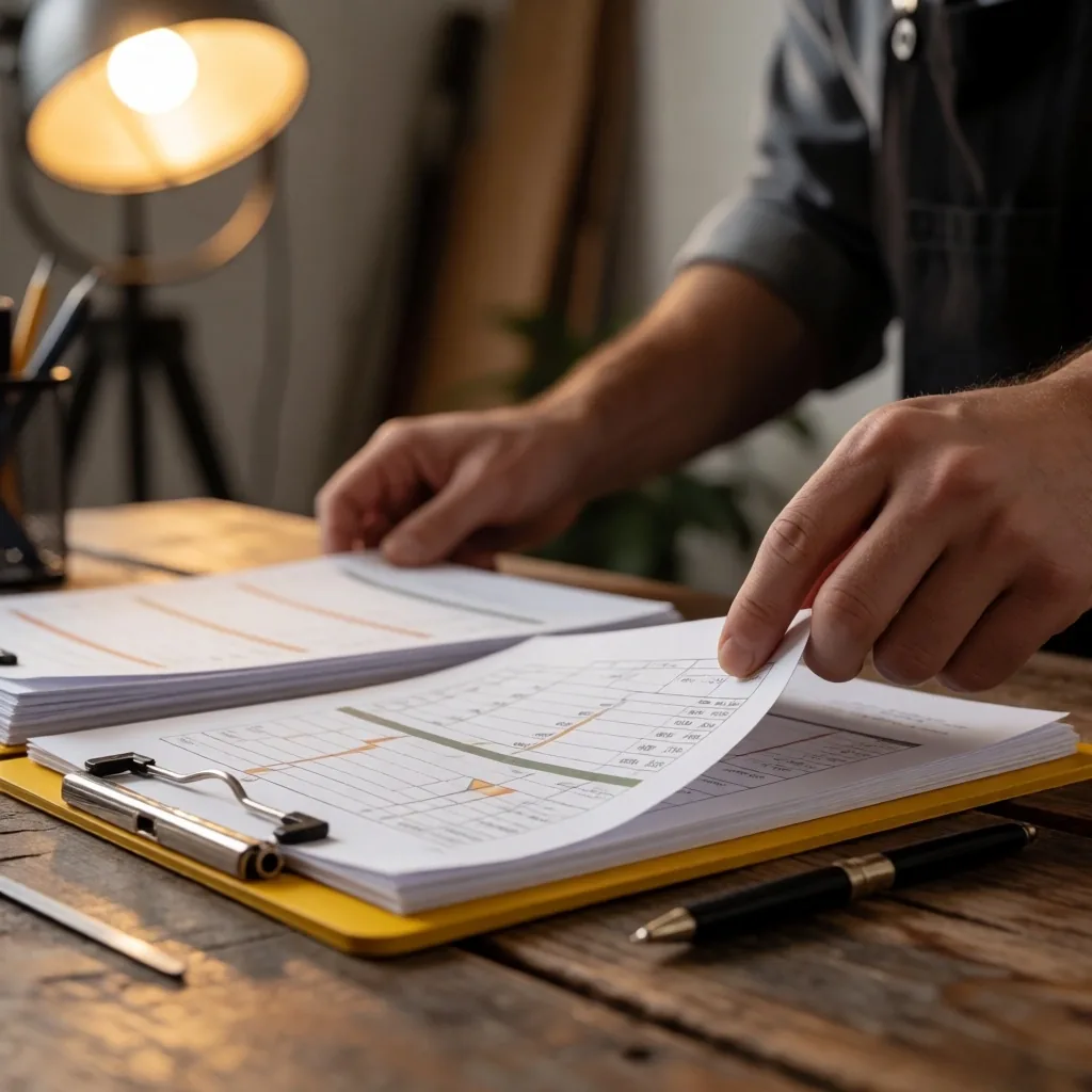 Escritorio de trabajo autónomo con documentos de planificación financiera bajo luz industrial